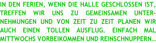 IN DEN FERIEN, WENN DIE HALLE GESCHLOSSEN IST, TREFFEN WIR UNS ZU GEMEINSAMEN UNTER- NEHMUNGEN UND VON ZEIT ZU ZEIT PLANEN WIR  AUCH EINEN TOLLEN AUSFLUG. EINFACH MAL  MITTWOCHS VORBEIKOMMEN UND REINSCHNUPPERN…