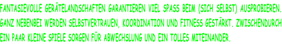 FANTASIEVOLLE GERÄTELANDSCHAFTEN GARANTIEREN VIEL SPASS BEIM (SICH SELBST) AUSPROBIEREN. GANZ NEBENBEI WERDEN SELBSTVERTRAUEN, KOORDINATION UND FITNESS GESTÄRKT. ZWISCHENDURCH EIN PAAR KLEINE SPIELE SORGEN FÜR ABWECHSLUNG UND EIN TOLLES MITEINANDER.